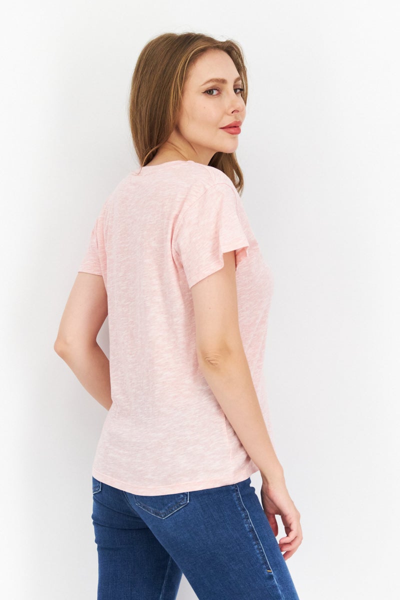 Splendid Women V Neck Short Sleeve Textured T-Shirt, Pink - Image 2